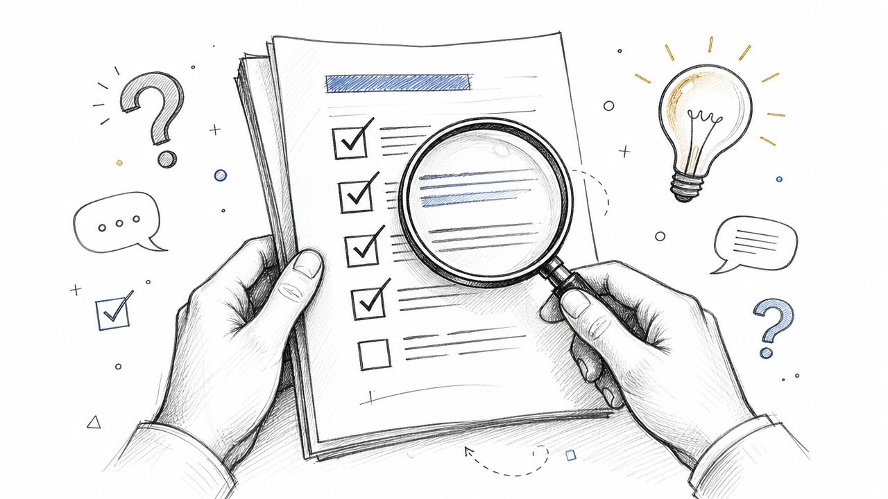 Des mains tiennent un document avec une liste de vérification examinée à l'aide d'une loupe d'analyse.