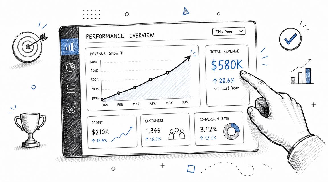 Une tablette affichant un tableau de bord de performance commerciale avec des graphiques et des données financières.