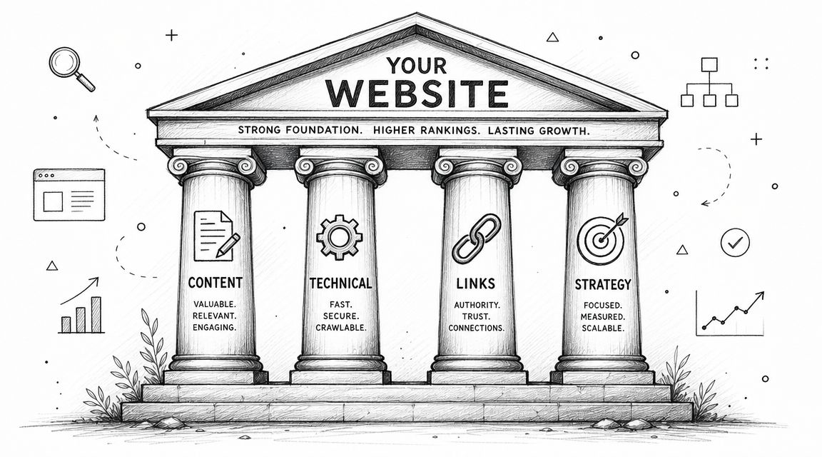 Illustration montrant les quatre piliers fondamentaux pour le succès et le référencement naturel d'un site web.